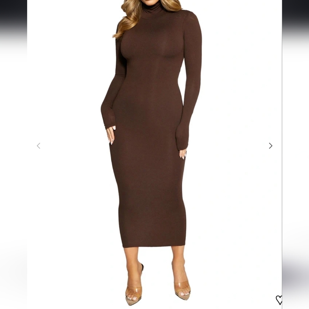 NAKED WARDROBE TURTLENECK MIDI DRESS STRETCH BODYCON CHOCOLATE BROWN NWT S